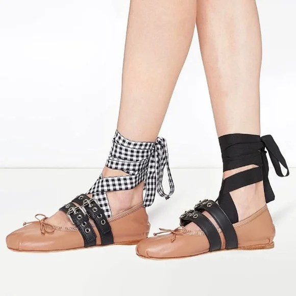 Miu Miu Balletcore Tie Up Belted Leather Ballerina Flats - Picture 3 of 15